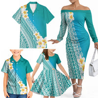 Tahiti Plumeria Tribal Pattern Family Matching Off The Shoulder Long Sleeve Dress and Hawaiian Shirt Wave Style Turquoise LT05 - Polynesian Pride