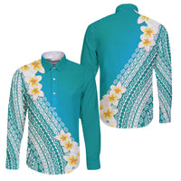 Tahiti Plumeria Tribal Pattern Family Matching Off Shoulder Short Dress and Hawaiian Shirt Wave Style Turquoise LT05 Dad's Shirt - Long Sleeve Turquoise - Polynesian Pride
