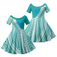 Tahiti Plumeria Tribal Pattern Family Matching Off Shoulder Short Dress and Hawaiian Shirt Wave Style Turquoise LT05 Daughter's Dress Turquoise - Polynesian Pride