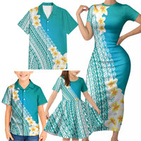 Tahiti Plumeria Tribal Pattern Family Matching Short Sleeve Bodycon Dress and Hawaiian Shirt Wave Style Turquoise LT05 - Polynesian Pride