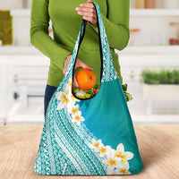 Tahiti Plumeria Tribal Pattern Grocery Bag Wave Style Turquoise LT05 - Polynesian Pride