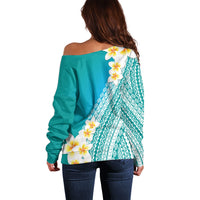 Tahiti Plumeria Tribal Pattern Off Shoulder Sweater Wave Style Turquoise LT05 - Polynesian Pride