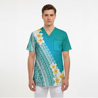 Tahiti Plumeria Tribal Pattern Scrub Top Wave Style Turquoise LT05 - Polynesian Pride
