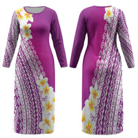 Tahiti Plumeria Tribal Pattern Family Matching Long Sleeve Bodycon Dress and Hawaiian Shirt Wave Style Purple LT05 Mom's Dress Purple - Polynesian Pride