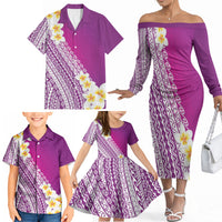 Tahiti Plumeria Tribal Pattern Family Matching Off The Shoulder Long Sleeve Dress and Hawaiian Shirt Wave Style Purple LT05 - Polynesian Pride