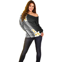 Tahiti Plumeria Tribal Pattern Off Shoulder Sweater Wave Style Black LT05 - Polynesian Pride