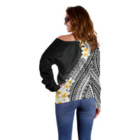 Tahiti Plumeria Tribal Pattern Off Shoulder Sweater Wave Style Black LT05 - Polynesian Pride