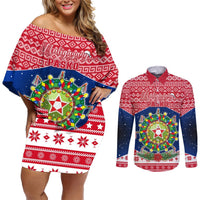 Personalised Philippines Christmas Couples Matching Off Shoulder Short Dress and Long Sleeve Button Shirt Filipino Parol Maligayang Pasko LT05 Red - Polynesian Pride
