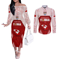 Custom Tonga Rugby Couples Matching Off The Shoulder Long Sleeve Dress and Long Sleeve Button Shirt 2023 Pacific Championships Kupesi Ngatu Mate Maa LT05 Red - Polynesian Pride