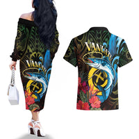 Vanuatu Fishing Couples Matching Off The Shoulder Long Sleeve Dress and Hawaiian Shirt It's Time To Fish LT05 - Polynesian Pride