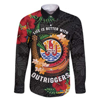 Personalised French Polynesia Outrigger Canoe Race Family Matching Long Sleeve Bodycon Dress and Hawaiian Shirt Tropical Vibe LT05 Dad's Shirt - Long Sleeve Black - Polynesian Pride