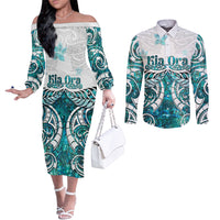 New Zealand Aotearoa Kia Ora Couples Matching Off The Shoulder Long Sleeve Dress and Long Sleeve Button Shirt Paua Shell Maori Silver Fern LT05 Turquoise - Polynesian Pride