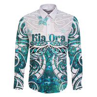 New Zealand Aotearoa Kia Ora Family Matching Off Shoulder Short Dress and Hawaiian Shirt Paua Shell Maori Silver Fern LT05 Dad's Shirt - Long Sleeve Turquoise - Polynesian Pride