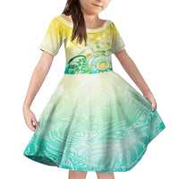 Personalised Cook Islands Kia Orana Family Matching Off Shoulder Short Dress and Hawaiian Shirt Polynesian Turtle With Circle Stars LT05 Daughter's Dress Yellow - Polynesian Pride