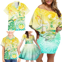 Personalised Cook Islands Kia Orana Family Matching Off Shoulder Short Dress and Hawaiian Shirt Polynesian Turtle With Circle Stars LT05 - Polynesian Pride