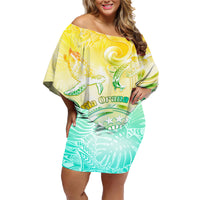 Personalised Cook Islands Kia Orana Family Matching Off Shoulder Short Dress and Hawaiian Shirt Polynesian Turtle With Circle Stars LT05 Mom's Dress Yellow - Polynesian Pride