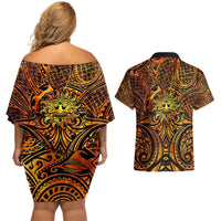 New Zealand Tamanuitera The Sun Couples Matching Off Shoulder Short Dress and Hawaiian Shirt Maori Pattern LT05 - Polynesian Pride