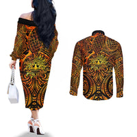 New Zealand Tamanuitera The Sun Couples Matching Off The Shoulder Long Sleeve Dress and Long Sleeve Button Shirt Maori Pattern