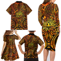 New Zealand Tamanuitera The Sun Family Matching Long Sleeve Bodycon Dress and Hawaiian Shirt Maori Pattern LT05 - Polynesian Pride