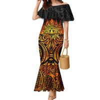 New Zealand Tamanuitera The Sun Family Matching Mermaid Dress and Hawaiian Shirt Maori Pattern LT05 Mom's Dress Orange - Polynesian Pride