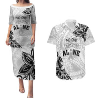 Personalised Polynesia Brain Cancer Couples Matching Puletasi and Hawaiian Shirt No One Fights Alone