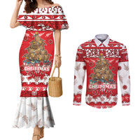 Personalised New Zealand Christmas In July Couples Matching Mermaid Dress and Long Sleeve Button Shirt Maori Kiwi Xmas Tree - Red LT05 Red - Polynesian Pride