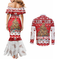 Personalised New Zealand Christmas In July Couples Matching Mermaid Dress and Long Sleeve Button Shirt Maori Kiwi Xmas Tree - Red LT05 - Polynesian Pride