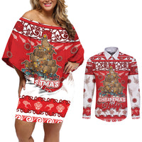 Personalised New Zealand Christmas In July Couples Matching Off Shoulder Short Dress and Long Sleeve Button Shirt Maori Kiwi Xmas Tree - Red