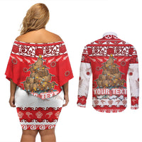 Personalised New Zealand Christmas In July Couples Matching Off Shoulder Short Dress and Long Sleeve Button Shirt Maori Kiwi Xmas Tree - Red LT05 - Polynesian Pride
