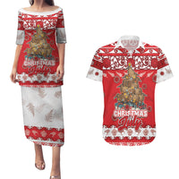 Personalised New Zealand Christmas In July Couples Matching Puletasi and Hawaiian Shirt Maori Kiwi Xmas Tree - Red LT05 Red - Polynesian Pride