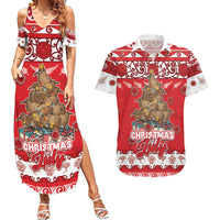 Personalised New Zealand Christmas In July Couples Matching Summer Maxi Dress and Hawaiian Shirt Maori Kiwi Xmas Tree - Red