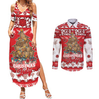 Personalised New Zealand Christmas In July Couples Matching Summer Maxi Dress and Long Sleeve Button Shirt Maori Kiwi Xmas Tree - Red LT05 Red - Polynesian Pride