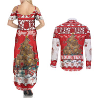 Personalised New Zealand Christmas In July Couples Matching Summer Maxi Dress and Long Sleeve Button Shirt Maori Kiwi Xmas Tree - Red