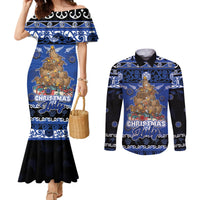 Personalised New Zealand July Christmas Couples Matching Mermaid Dress and Long Sleeve Button Shirt Maori Kiwi Xmas Tree - Blue LT05 Blue - Polynesian Pride