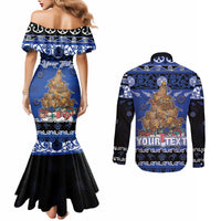 Personalised New Zealand July Christmas Couples Matching Mermaid Dress and Long Sleeve Button Shirt Maori Kiwi Xmas Tree - Blue LT05 - Polynesian Pride