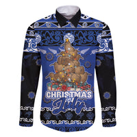 Personalised New Zealand July Christmas Family Matching Mermaid Dress and Hawaiian Shirt Maori Kiwi Xmas Tree - Blue LT05 Dad's Shirt - Long Sleeve Blue - Polynesian Pride