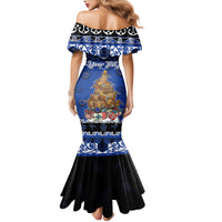 Personalised New Zealand July Christmas Family Matching Mermaid Dress and Hawaiian Shirt Maori Kiwi Xmas Tree - Blue LT05 - Polynesian Pride