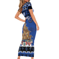 Personalised New Zealand July Christmas Family Matching Short Sleeve Bodycon Dress and Hawaiian Shirt Maori Kiwi Xmas Tree - Blue LT05 - Polynesian Pride