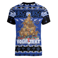 Personalised New Zealand July Christmas Women V-Neck T-Shirt Maori Kiwi Xmas Tree - Blue