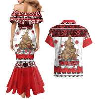 Personalised New Zealand July Christmas Couples Matching Mermaid Dress and Hawaiian Shirt Maori Kiwi Xmas Tree - White LT05 - Polynesian Pride