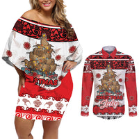 Personalised New Zealand July Christmas Couples Matching Off Shoulder Short Dress and Long Sleeve Button Shirt Maori Kiwi Xmas Tree - White