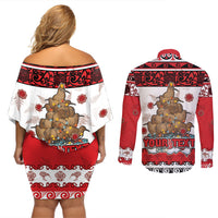 Personalised New Zealand July Christmas Couples Matching Off Shoulder Short Dress and Long Sleeve Button Shirt Maori Kiwi Xmas Tree - White