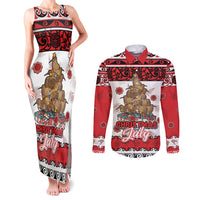 Personalised New Zealand July Christmas Couples Matching Tank Maxi Dress and Long Sleeve Button Shirt Maori Kiwi Xmas Tree - White