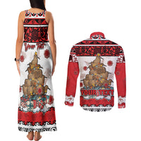 Personalised New Zealand July Christmas Couples Matching Tank Maxi Dress and Long Sleeve Button Shirt Maori Kiwi Xmas Tree - White