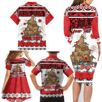 Personalised New Zealand July Christmas Family Matching Long Sleeve Bodycon Dress and Hawaiian Shirt Maori Kiwi Xmas Tree - White