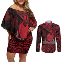 Hawaii King Kamehameha Couples Matching Off Shoulder Short Dress and Long Sleeve Button Shirt With Hawaiian Ipu Motifs Red Version