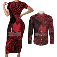 Hawaii King Kamehameha Couples Matching Short Sleeve Bodycon Dress and Long Sleeve Button Shirt With Hawaiian Ipu Motifs Red Version