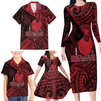 Hawaii King Kamehameha Family Matching Long Sleeve Bodycon Dress and Hawaiian Shirt With Hawaiian Ipu Motifs Red Version LT05 - Polynesian Pride