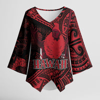 Hawaii King Kamehameha Kimono Sleeve Blouse With Hawaiian Ipu Motifs Red Version