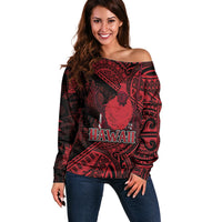 Hawaii King Kamehameha Off Shoulder Sweater With Hawaiian Ipu Motifs Red Version